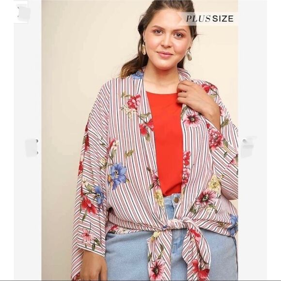 Umgee PLUS Kimono Hippie Boho Jacket Top Floral Stripes - Picture 3 of 4